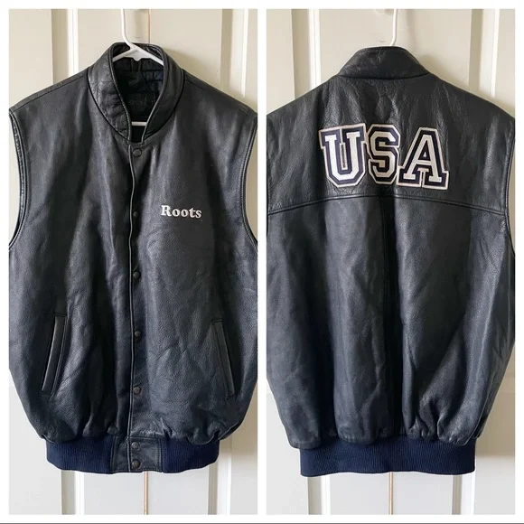 Roots Navy Leather Embroidered USA Vest - Picture 1 of 11